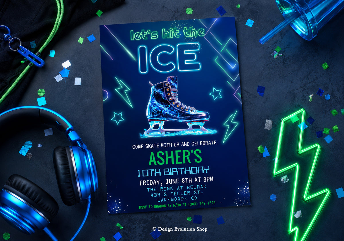 Neon Ice Skating Birthday Invitation Editable Template