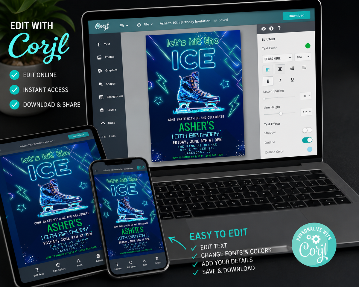 Neon Ice Skating Birthday Invitation Editable Template