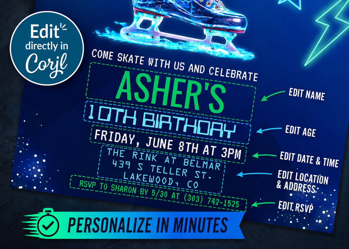 Neon Ice Skating Birthday Invitation Editable Template