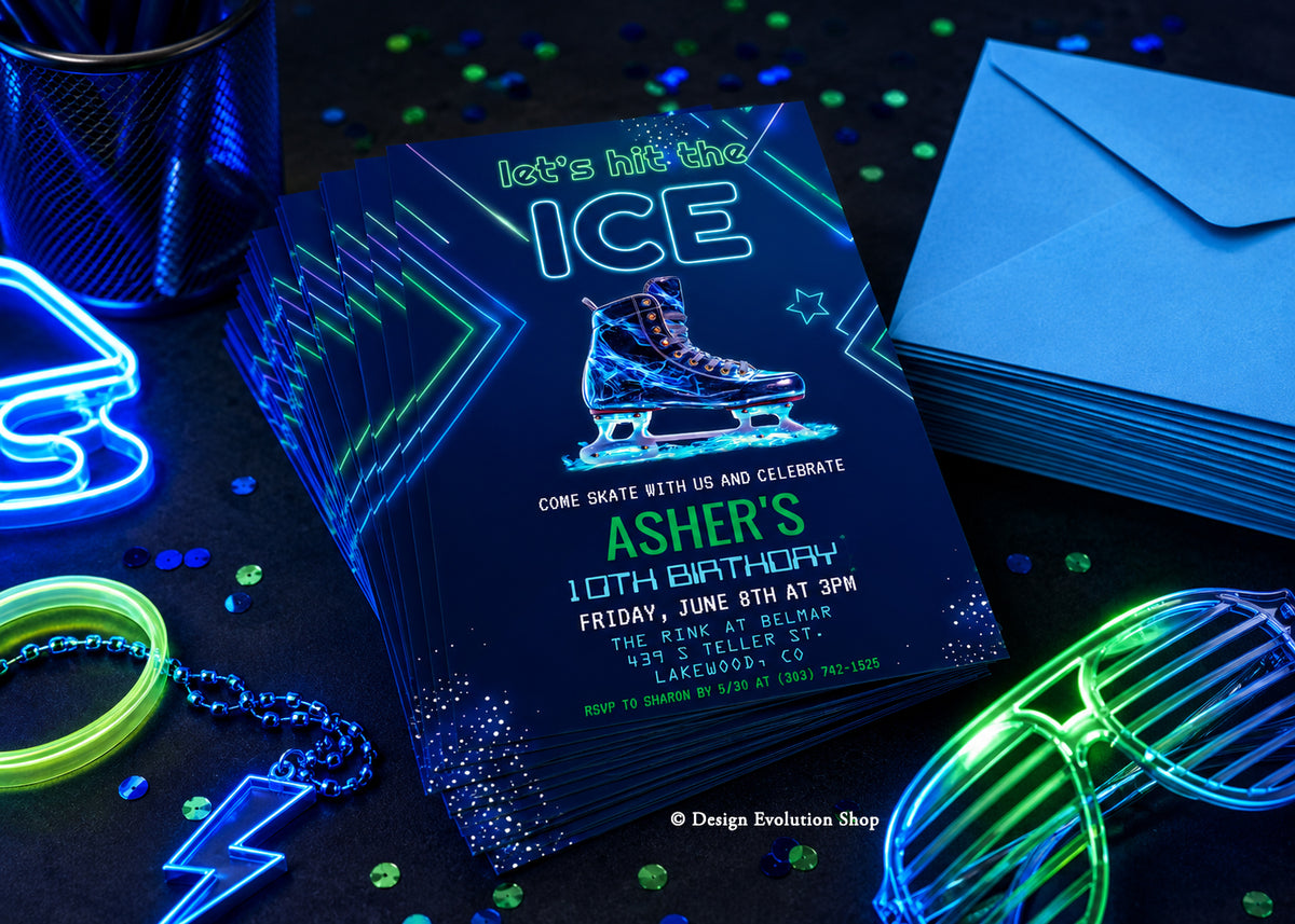 Neon Ice Skating Birthday Invitation Editable Template
