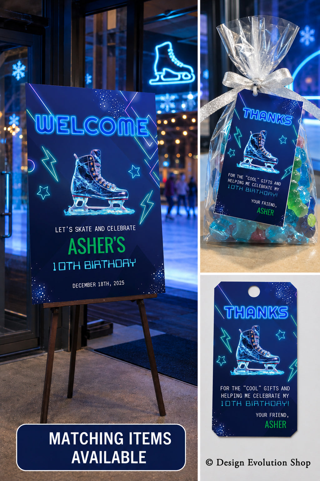 Neon Ice Skating Birthday Welcome Sign Editable Template | 24 x 36 Editable Sign
