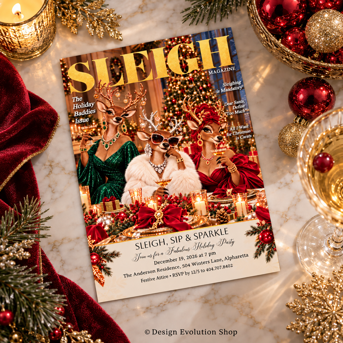 Christmas Holiday Party Invitation | Sleigh Magazine Reindeer Editable Template