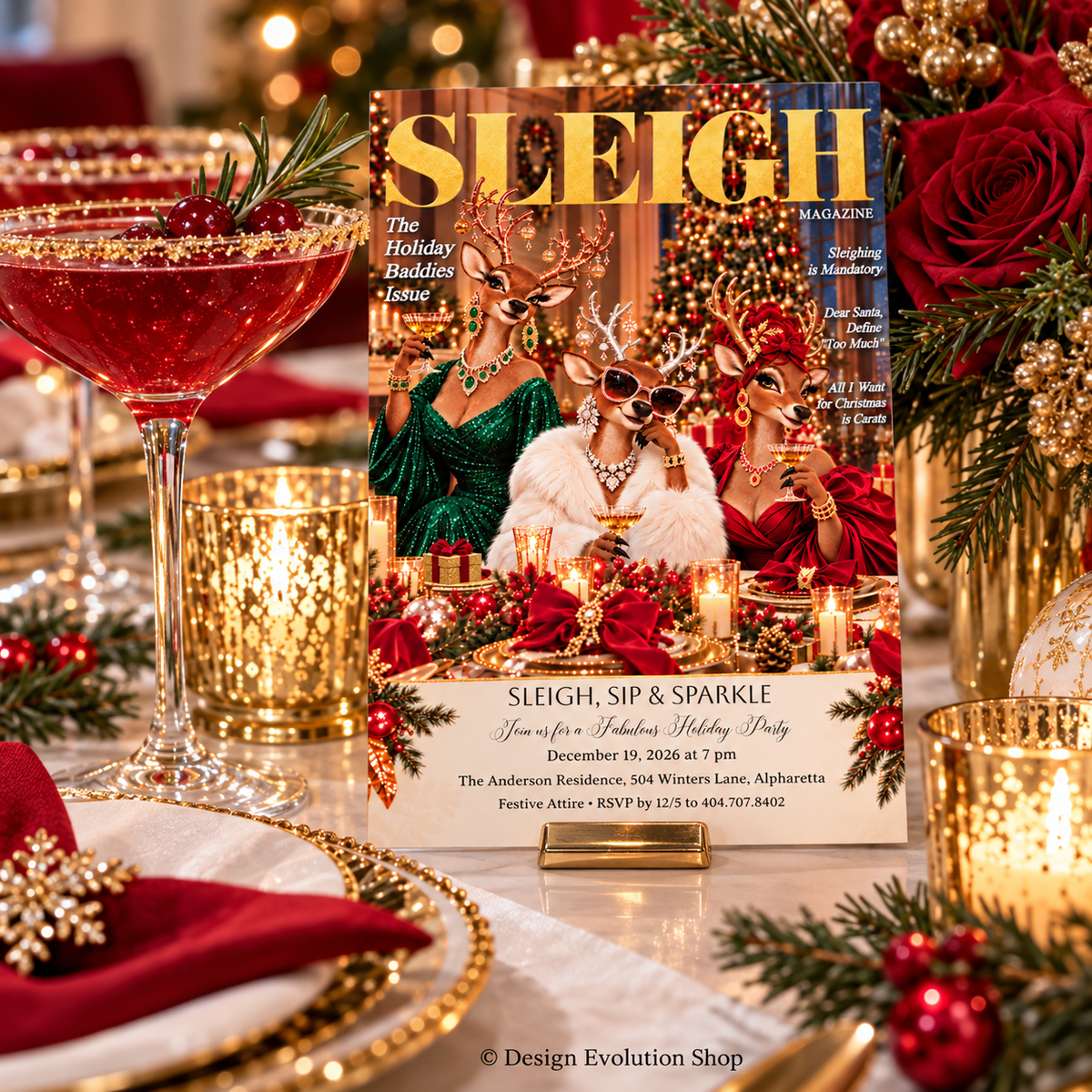Christmas Holiday Party Invitation | Sleigh Magazine Reindeer Editable Template