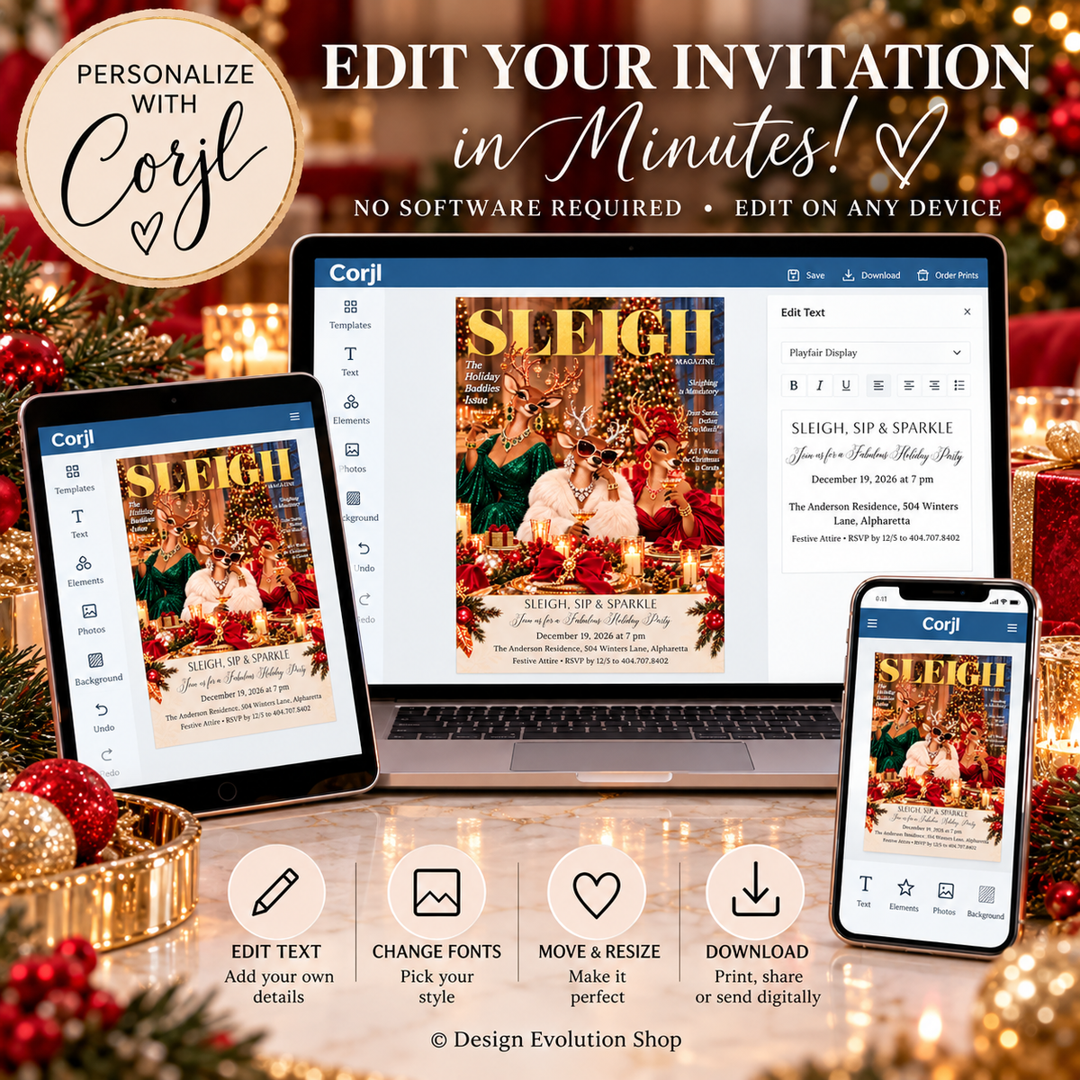 Christmas Holiday Party Invitation | Sleigh Magazine Reindeer Editable Template