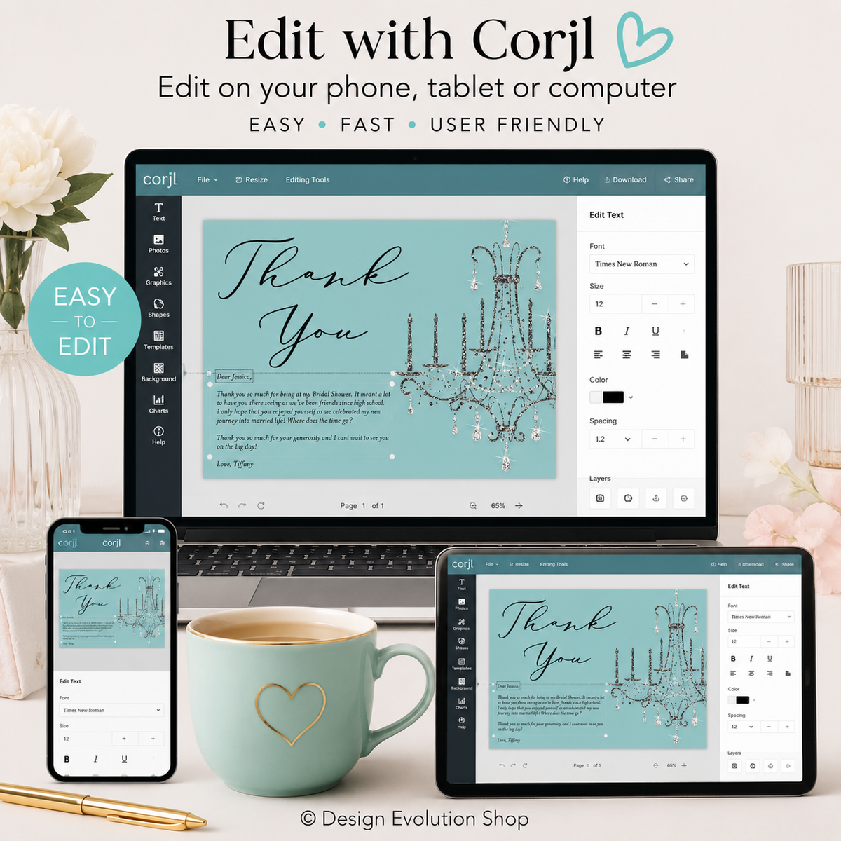 Elegant Tiffany Blue Chandelier Thank You Card Editable Template