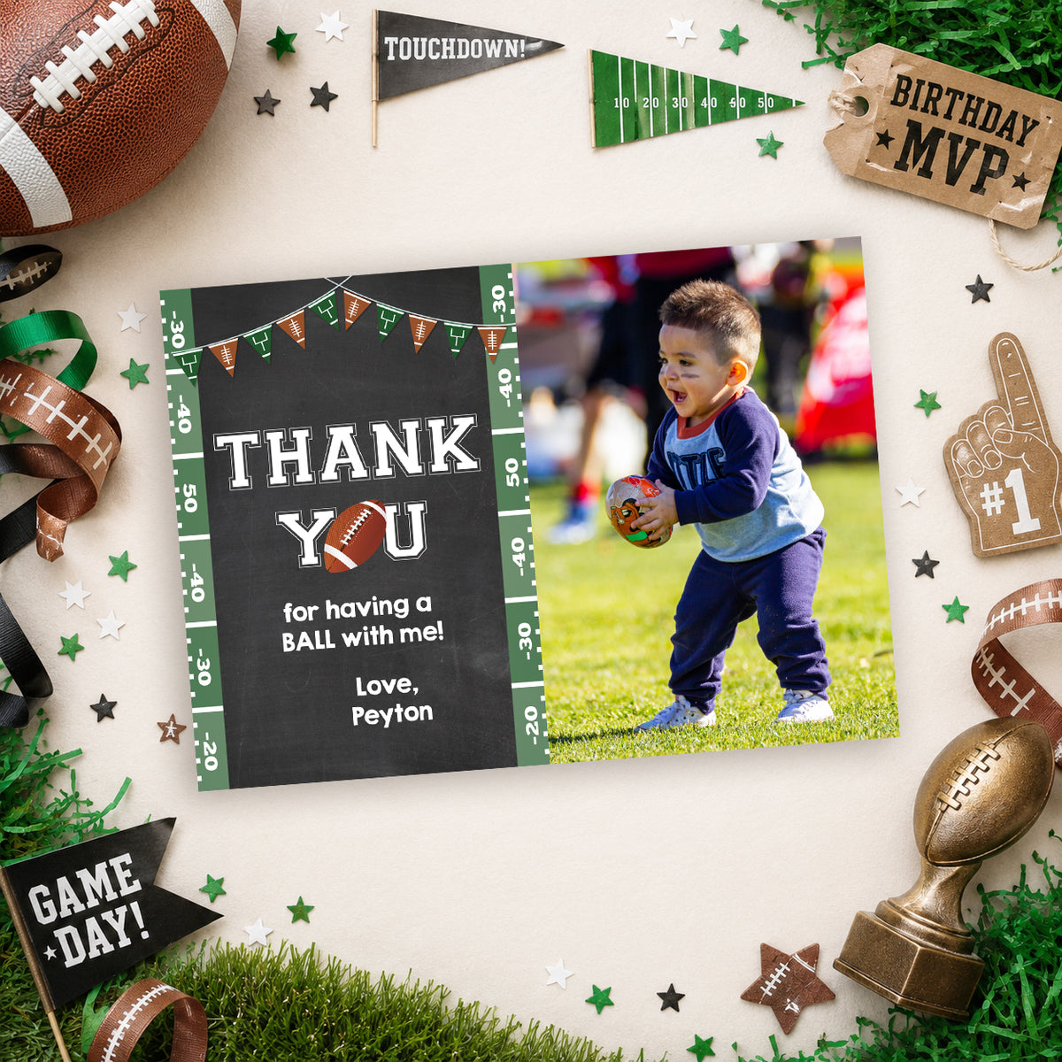 Football Birthday Photo Thank You Card |  Chalkboard Sports Theme Editable Template