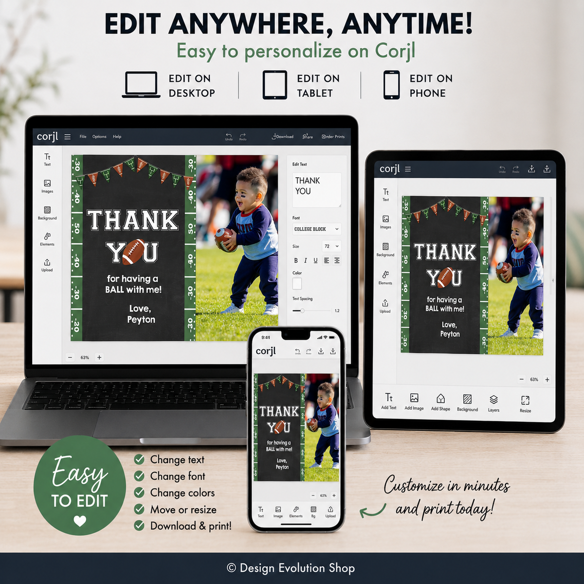 Football Birthday Photo Thank You Card |  Chalkboard Sports Theme Editable Template