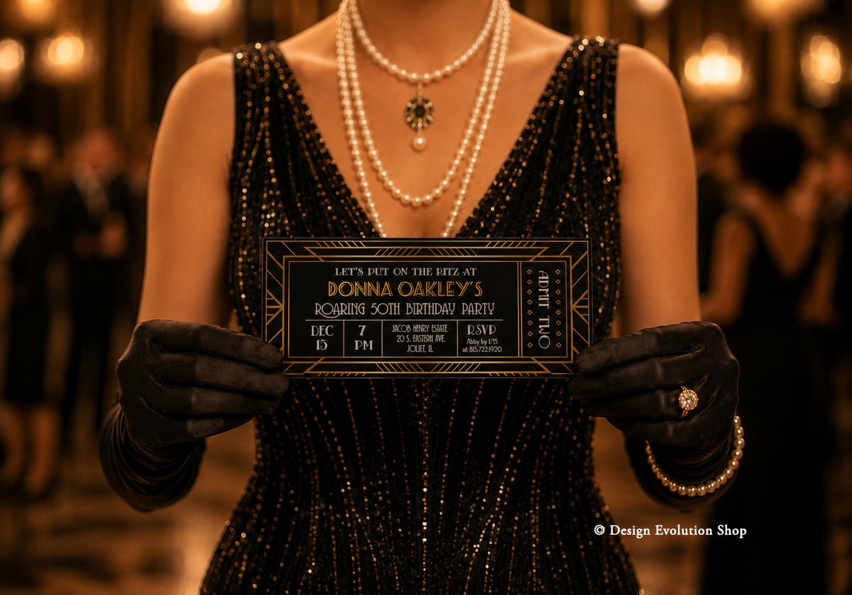 Roaring 20s Gatsby Ticket Invitation Editable Template