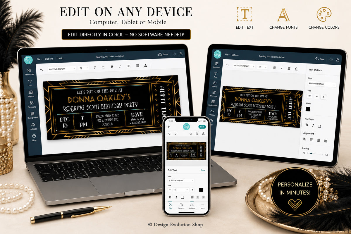 Roaring 20s Gatsby Ticket Invitation Editable Template