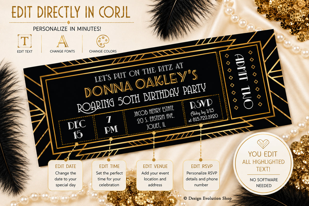 Roaring 20s Gatsby Ticket Invitation Editable Template