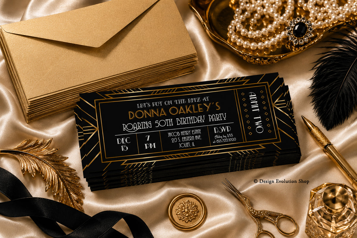 Roaring 20s Gatsby Ticket Invitation Editable Template