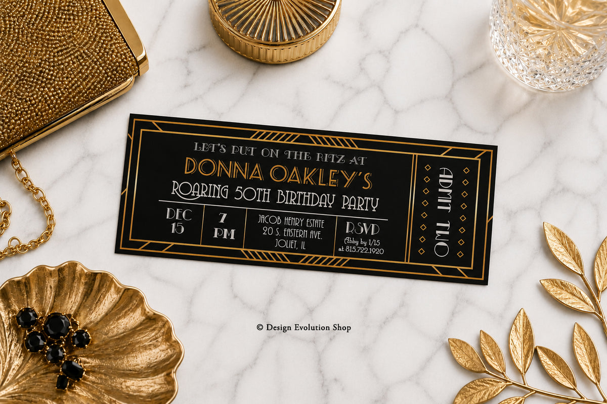 Roaring 20s Gatsby Ticket Invitation Editable Template