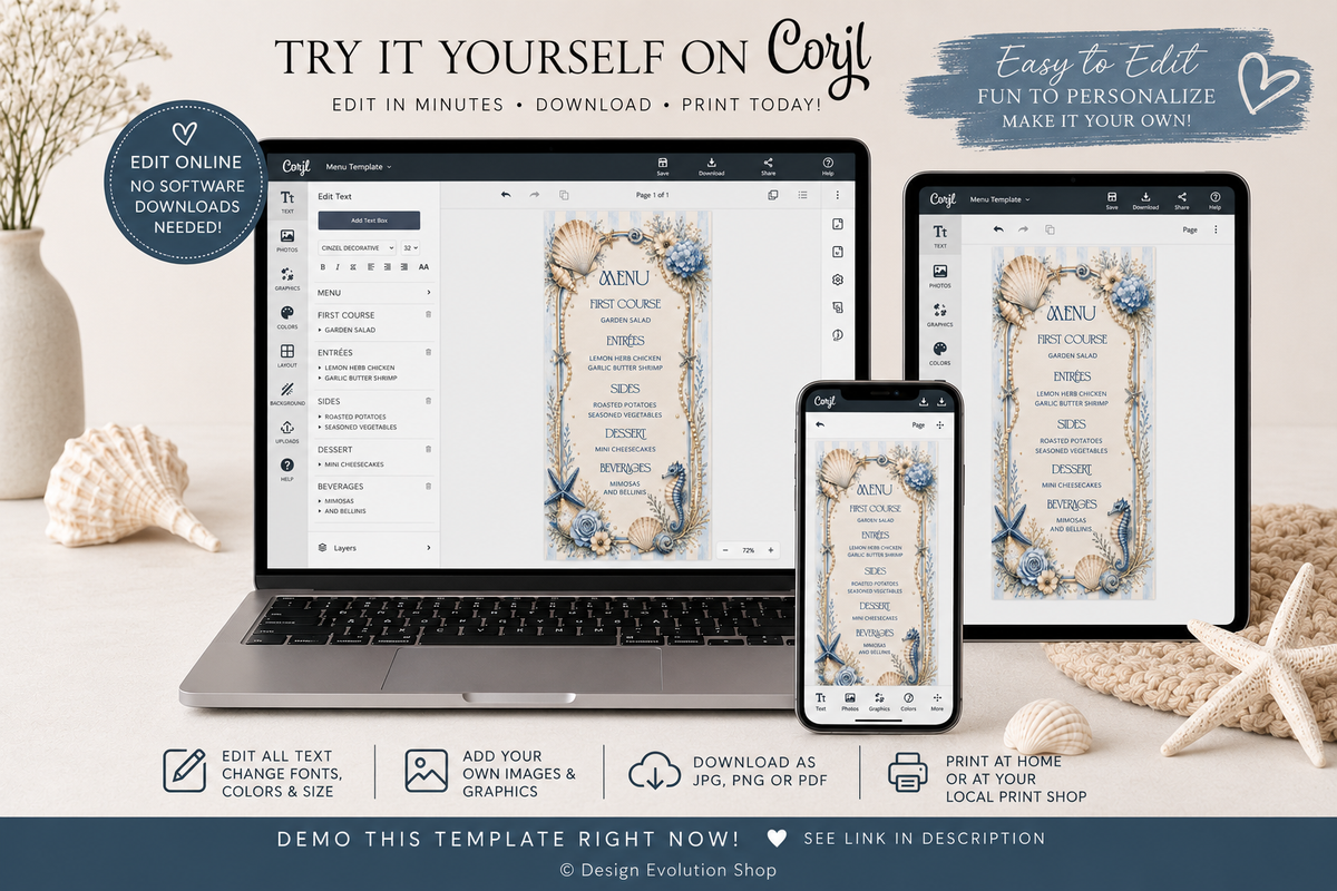Let's Toast on the Coast Beach Menu Editable Template