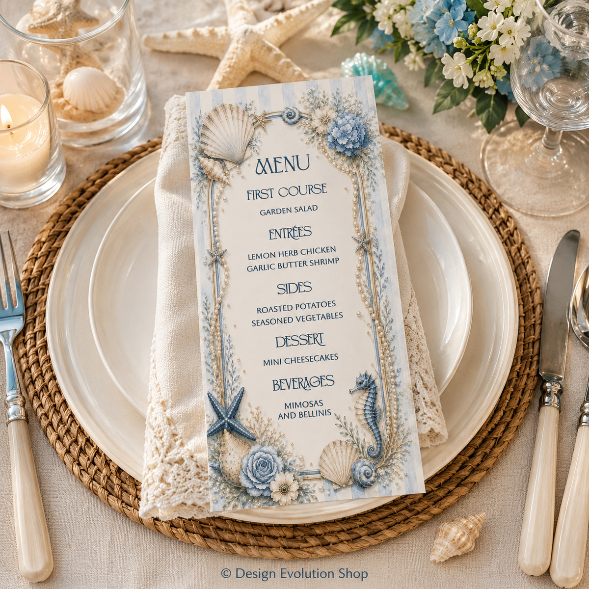 Nautical-themed menu on a table setting with plates, cutlery, and flowers.