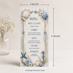 Menu card with nautical design featuring seashells, flowers, and starfish, with measurements indicated.