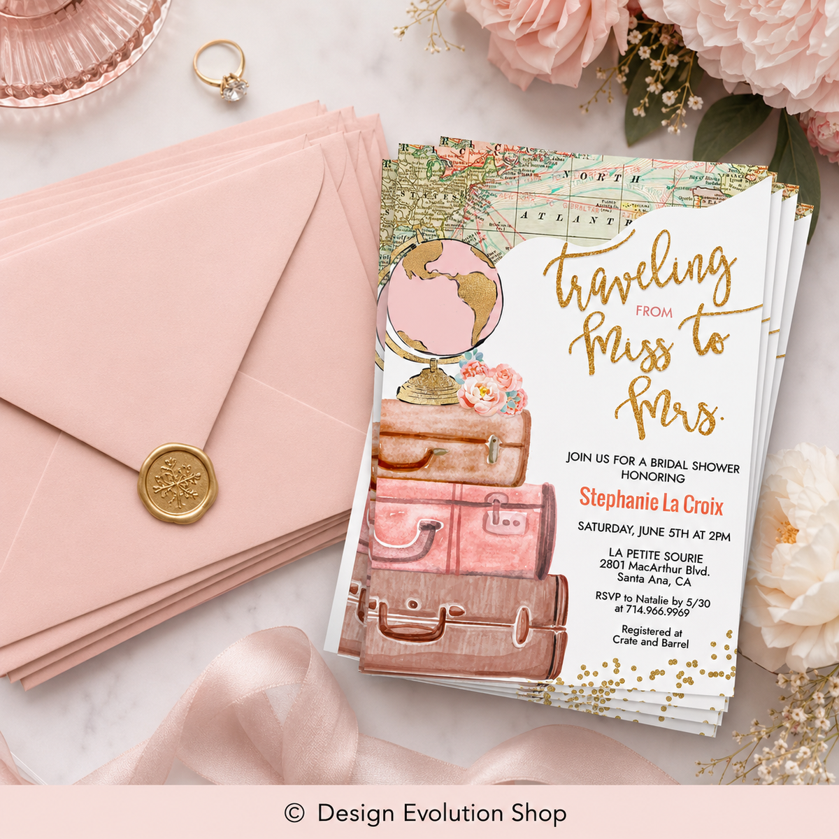 Traveling from Miss to Mrs Travel Bridal Shower Invitation Editable Template