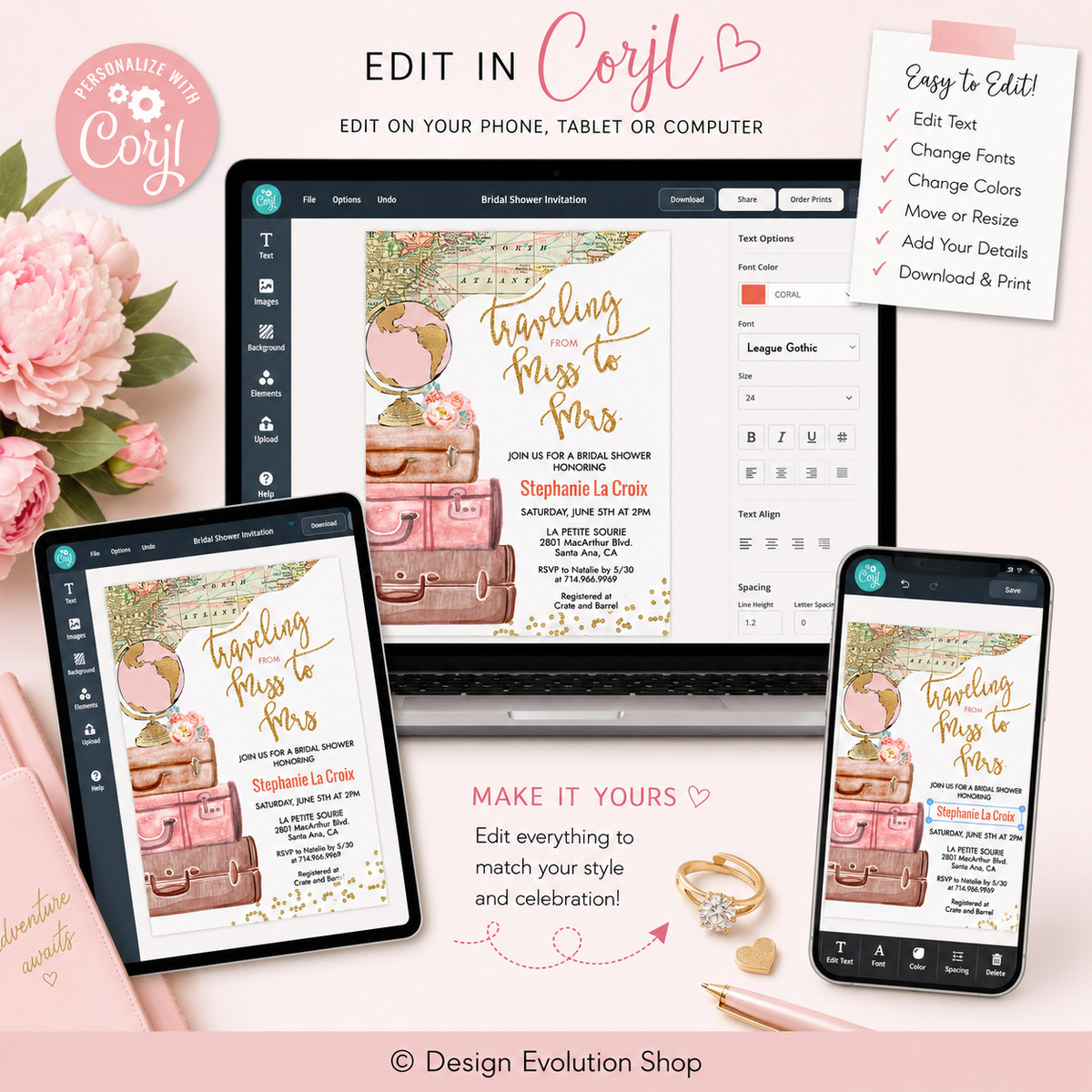 Traveling from Miss to Mrs Travel Bridal Shower Invitation Editable Template