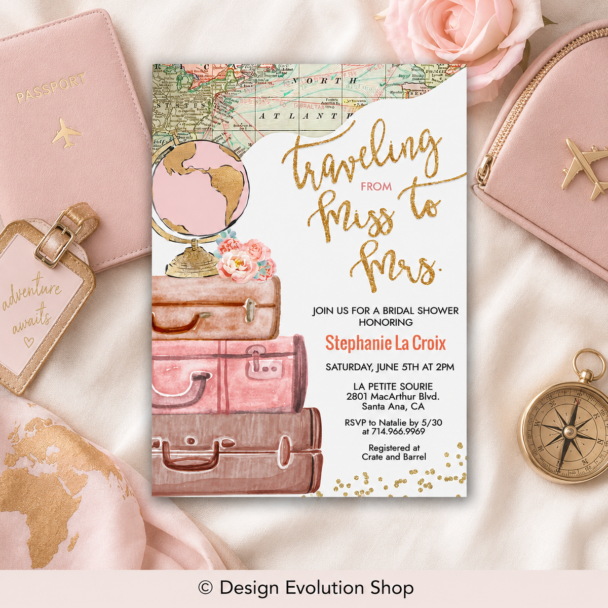 Traveling from Miss to Mrs Travel Bridal Shower Invitation Editable Template