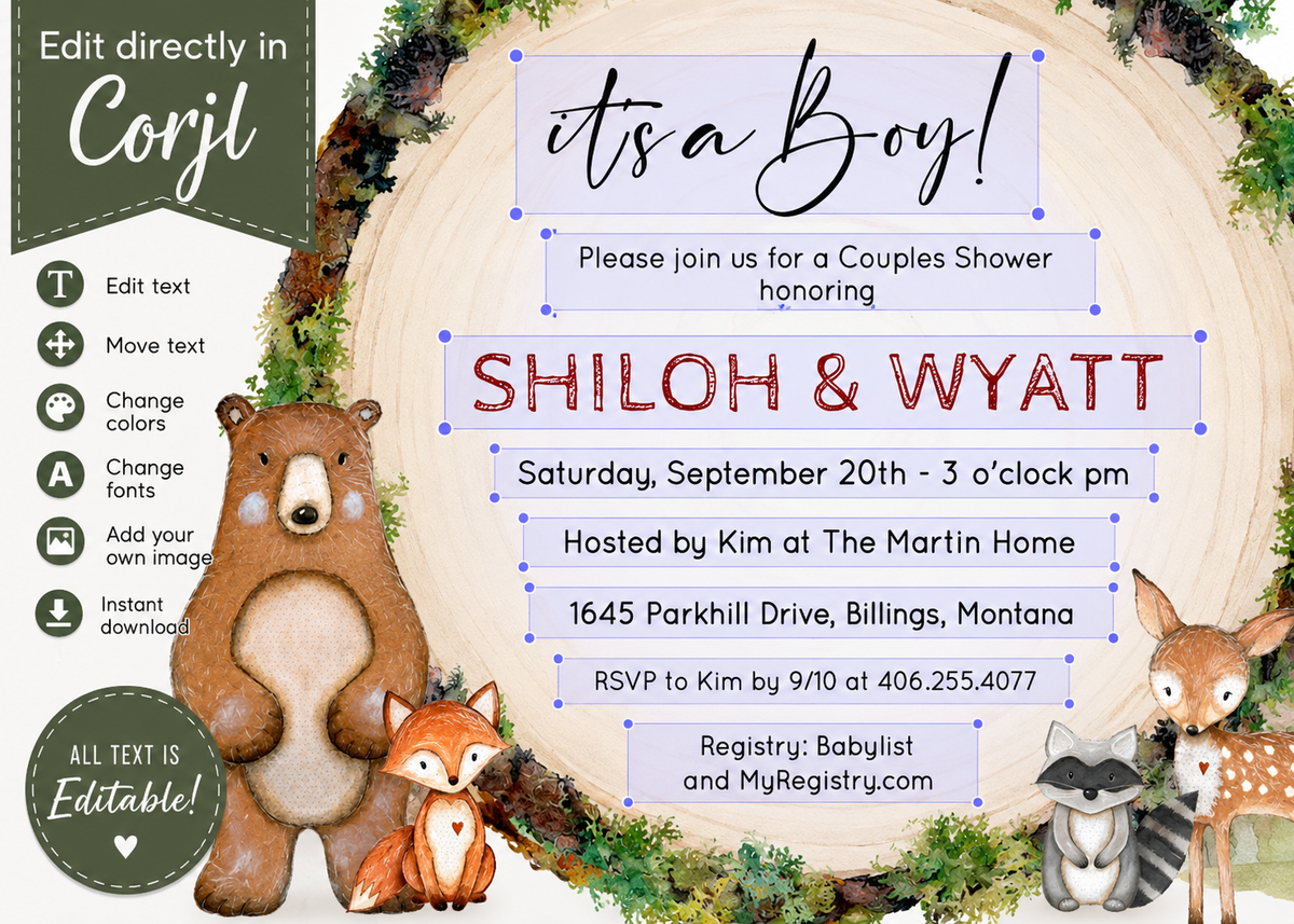 Woodland Baby Shower Invitation Rustic Forest Animals Couples Shower Printable Template