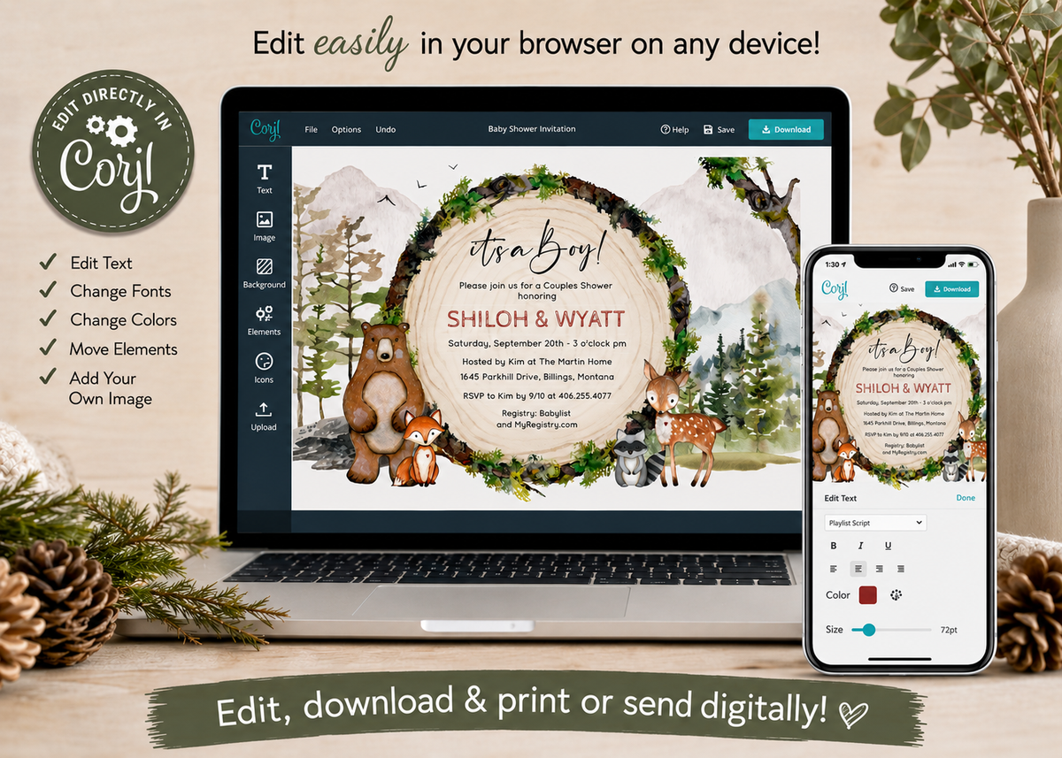 Woodland Baby Shower Invitation Rustic Forest Animals Couples Shower Printable Template